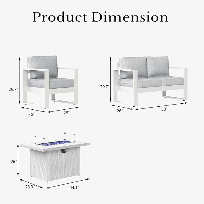 LayinSun 4 Pieces Aluminum Outdoor Patio Furniture Set, Metal Modern Conversation Sofa Set with Fire Pit Table and Washable Thick Cushions for Porch, Backyard, Deck