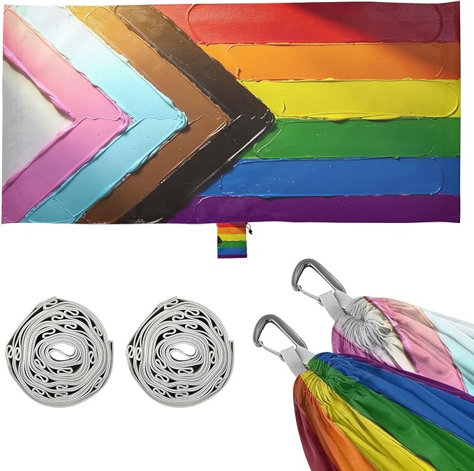 Progress Pride Flag Rainbow Flag Outdoor Hammocks with Portabl Carry Bag Backyard Hammock for Indoor Outdoor Patio