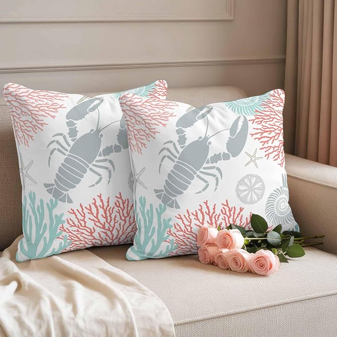 Teal Red Coastal Waterproof Outdoor Pillow Covers Set of 2 Home Decor Summer Lobster Coral Nautical Pillowcase Patio Pillow Covers for Couch Bench Patio Furniture Garden 24x24in