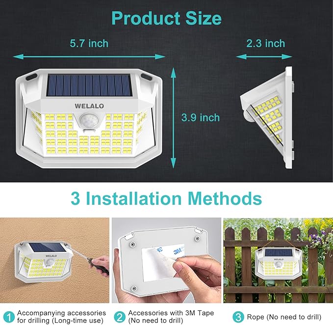 WELALO Solar Motion Lights Outdoor, [3 Modes/6 Pack/188 LED] 270° Wide Angle Lighting, Security Solar Powered Wall Lights, IP65 Waterproof Flood Lights for Fence Porch Yard Patio(White)