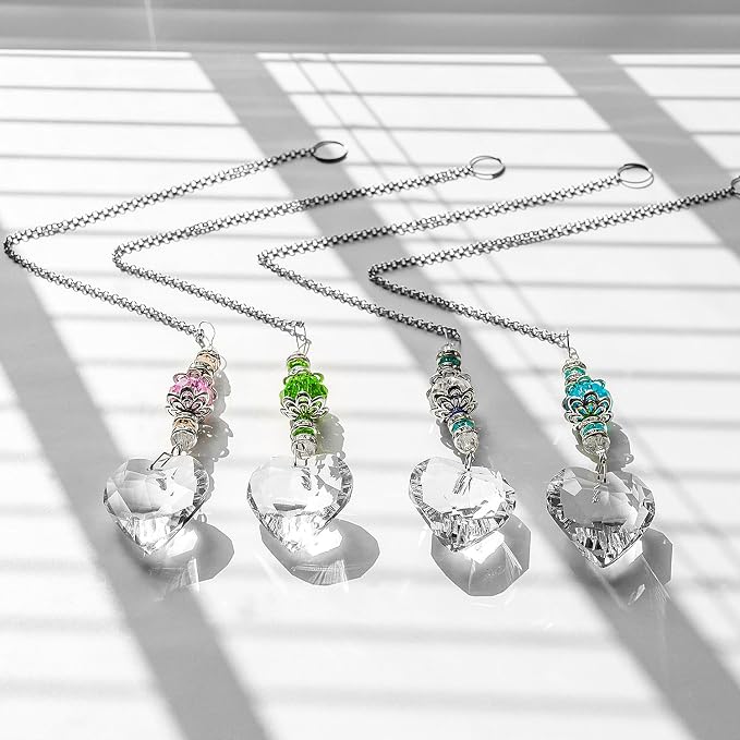 4pcs Crystal Suncatcher, Clear Heart Crystal Sun Catcher Hanging Rainbow Prisms Ball with Chain for Indoor Window Chandelier Garden Home Wedding Christmas Valentines Day Decor (Heart Shape)