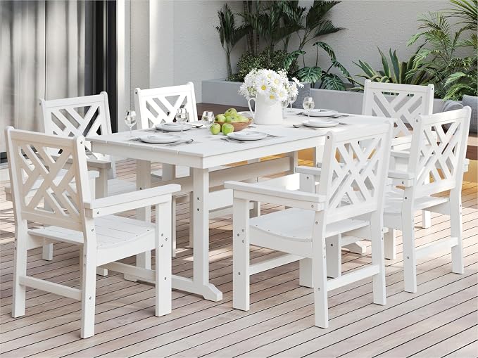 7-Piece Outdoor Dining Set, HDPE All-Weather Patio Table and Chairs Set for 6, Outdoor Patio Furniture Sets with Umbrella Hole for Outside, Deck, Backyard, Garden (White)