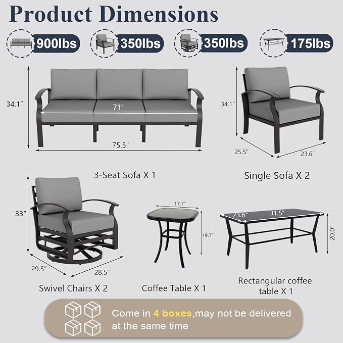ALAULM Aluminum Patio Furniture Set with Coffee Table Rectangular, 7-seat Outdoor Sectional Furniture w/Swivel Chairs, Patio Conversation Set for Porch, Backyard, Poolside-Grey