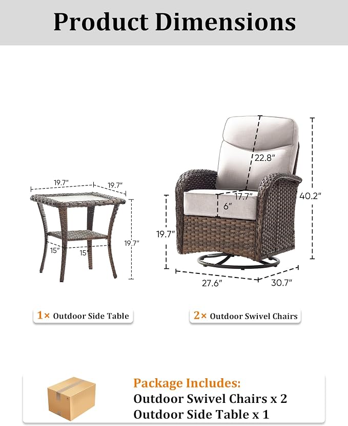 3-Piece Luxury Patio Conversation Set with 6-Inch Thick Cushions, High-Back Outdoor Swivel Rocking Chairs & Side Table, All-Weather Furniture Set for Porch, Deck, Balcony or Backyard – Beige