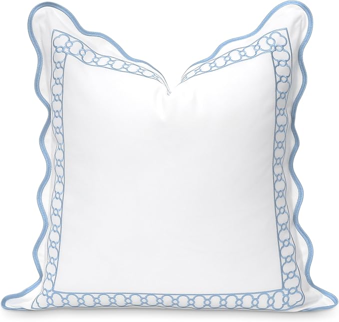 Hofdeco Premium Coastal Patio Indoor Outdoor Scalloped Throw Pillow Cover Only, 20"x20" Water Repellent for Backyard, Couch, Baby Blue Embroidered Begonia Pattern Chain Frame