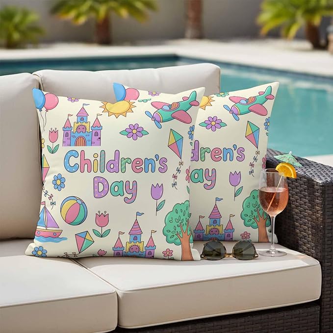 Pack of 2 Children's Day Outdoor Pillow Covers Decorative, Waterproof Pillow Protector, Airplanes Sailing Boats Tree Cartoon Cream Throw Pillowcases Accent Cushion Cases for Patio Couch Sofa 24"x24"