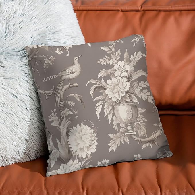 Pillowcase Tan French Country Toile Floral Cushion Cover Modern Grey White Bird Pillow Cover Accent Square Couch Sofa Cushion Covers for Patio Furniture Garden 20x20 in