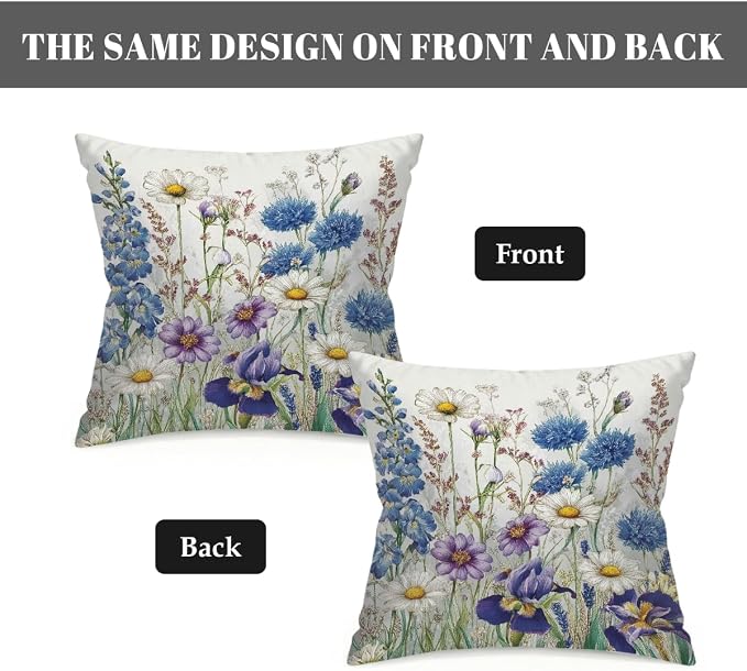 18x18 Inch Outdoor Pillow Covers Set of 2 Waterproof Throw Pillow Covers Decorative Couch Cushion Covers Watercolor Wildflowers Art Square Pillowcases Protectors for Patio Garden Sofa