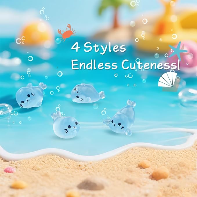 80Pcs Glow in Dark Mini Resin Seal Figurines - 4 Styles Luminous Sea Animals for Terrarium Decor, Fairy Garden, Aquarium, Small Resin Animals with Storage Box