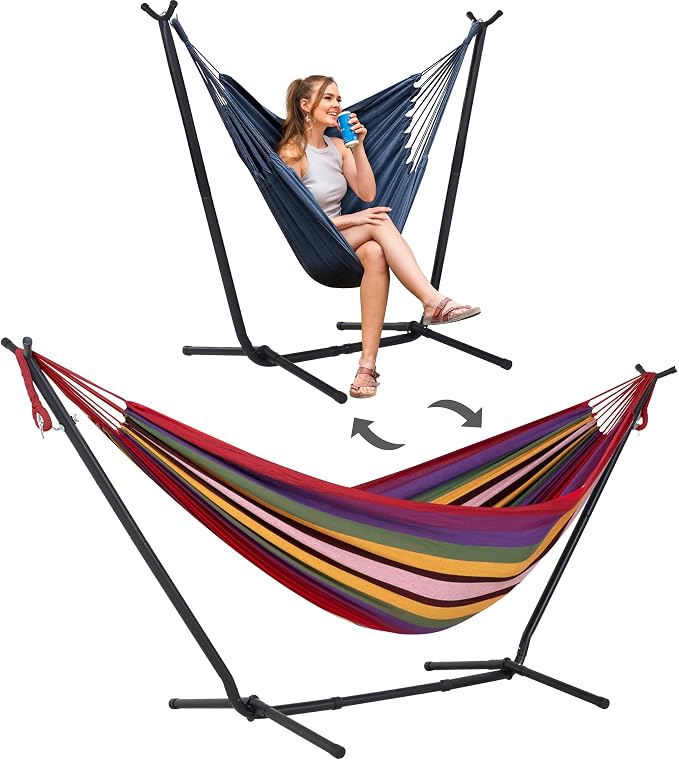 SUNCREAT 2-in-1 Convertible Backyard Fabric Hammock with Stand, Large Hammocks for Outside, Red Stripes