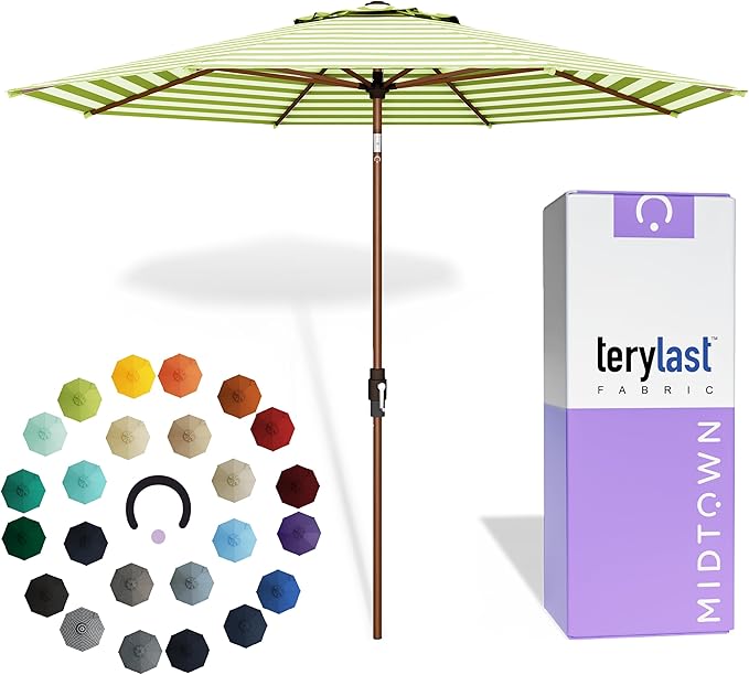 Midtown Umbrellas Wooden 2-10 Ft Patio Umbrella with 360° Swivel & Tilt Mechanism, 8 Fiberglass Ribs & Terylast Polyester Fabric for Deck, Pool, Garden & Porch - Pear Stripes Canopy, Wooden Pole