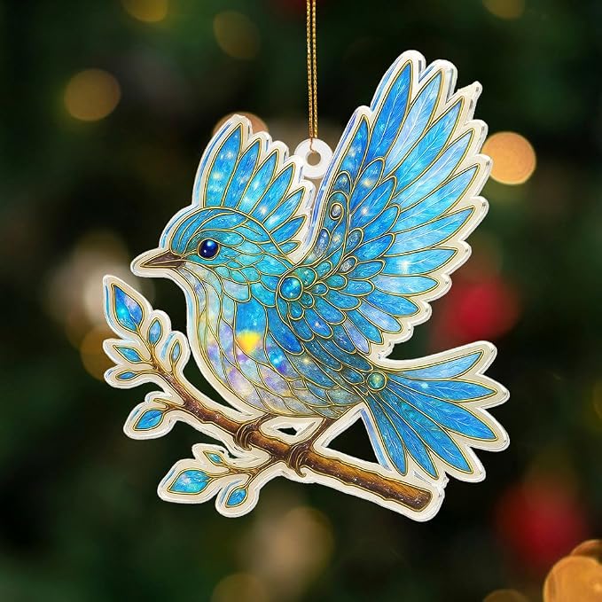 Blue Bird Stained Glass Ornament Acrylic Window Hanging Suncatcher – Bird Lover Gifts, Wildlife Animal Decor for Christmas Tree, Rearview Mirror, Garden, Home Accessories, Unique Gifts for WomenSun-17