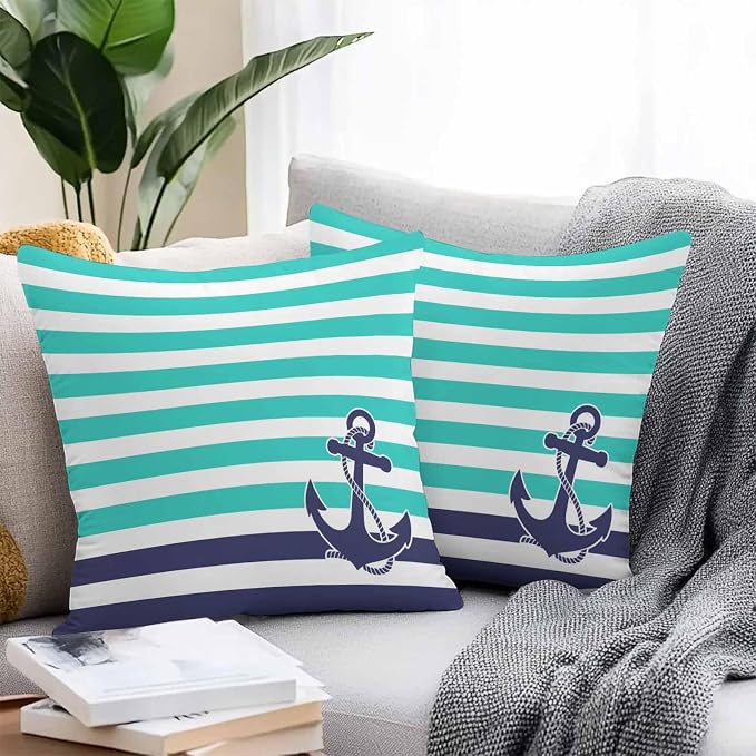 Throw Pillow Covers 20x20 Inch Set of 2, Anchor Turquoise Waterproof Outdoor Cushion Covers, Modern Navy Blue White Striped Nautical Decorative Pillowcases for Couch, Sofa, Bed, Garden, Patio