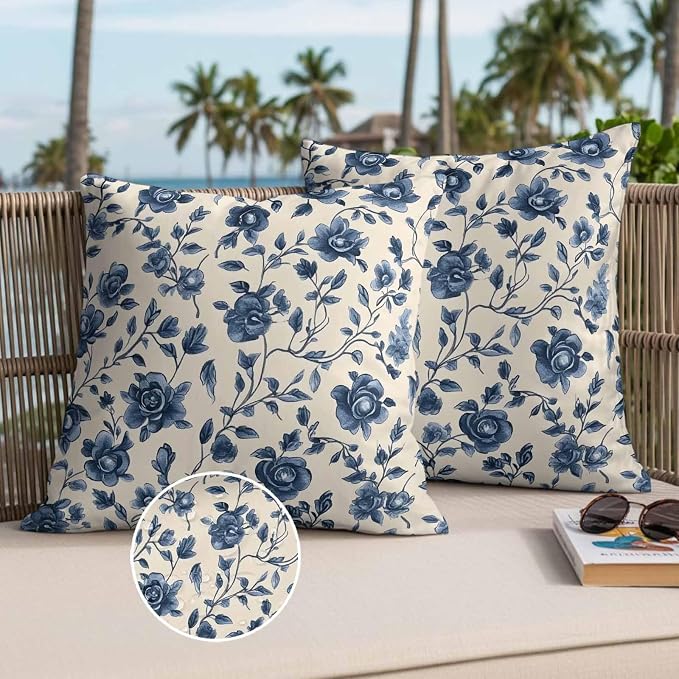 Pack of 2 Waterproof Outdoor Pillow Covers 20x20 Inch Decorative Pillow Covers Navy Blue Floral Throw Pillowcases Spring Vintage Blossom Botanical Outdoor Cushion Cover for Couch, Patio, Tent