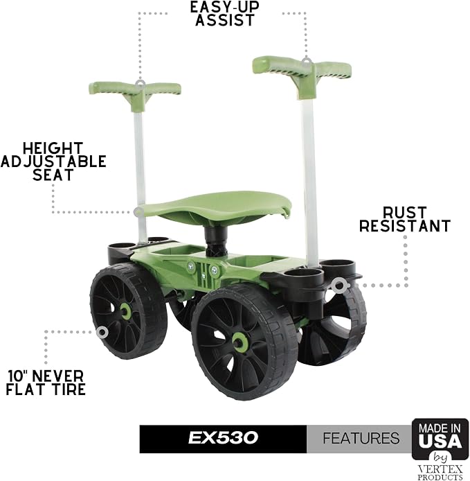 TheXceptional Wheelie Easy-Up EX530 Rolling Garden Stool & Cart with Wheels | Ergonomic rolling garden seat & scooter with Easy-Up handles for seniors. Made in USA by Vertex. 360° swivel, 10" wheels.
