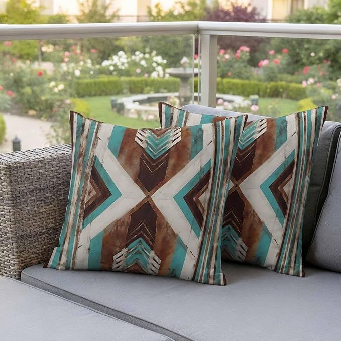 Aztec Southwestern Outdoor Pillow Covers 20"x20" Set of 2, Vintage Abstract Brown Turquoise Diamond Waterproof Throw Pillow Covers for Patio Furniture, Decorative Cushion Covers for Porch