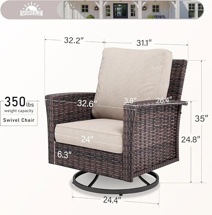 SUNSHINE VALLEY Patio Wicker Swivel Chairs Set of 2, Outdoor High Back Chairs with 5.5" Waterproof Cushions, Outdoor Furniture Set for Deck Porch and Yard, Beige