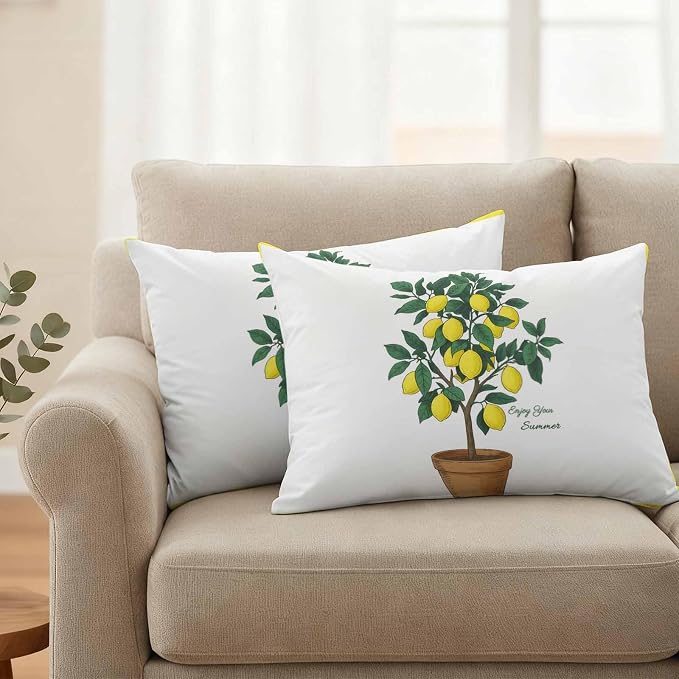 Outdoor Waterproof Throw Pillow Covers, Summer Lemon Decorative Pillow Cases, Yellow Potted Plant Green Botanical Couch Pillow Protector Patio Sofa Cushion Covers Replacement 20"x12" 2 Pack