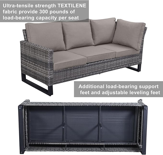 Belord Outdoor Sectional Sofa 6 Seater L Shaped Couch Wicker Patio Conversation Furniture Set with Tree-Grain Finish Metal Dining Table, Rattan Outdoor Furniture with Removable Washable Cushion Blue