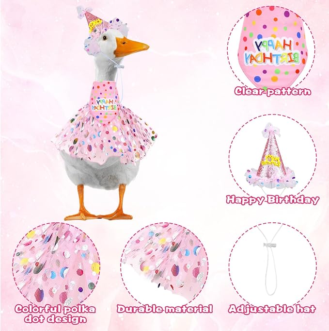Porch Goose Outfits, Birthday Goose Outfits with Glitter Tutu Skirt, Birthday Hat and Bandana Valentine Porch Gooses Outfit for 23" 17" Outdoor Statue Patio Yard Lawn Art(Pink)