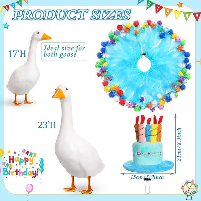Aliceset Happy Birthday Porch Goose Outfit Lawn Goose Clothes Hat and Tutu Collar Goose Outfits for 23" Cement/Plastic Porch Goose Outdoor Statue Patio Yard Lawn Art(Blue)