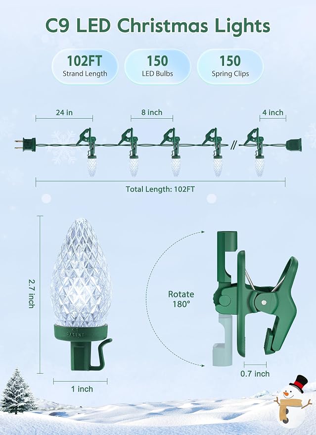 C9 Christmas Lights Outdoor, 102FT 150 LED String Lights with Spring Clips | Waterproof Connectable Commercial Grade Christmas Tree Lights for Outside Roofline Patio Yard Home Xmas Decor, Pure White