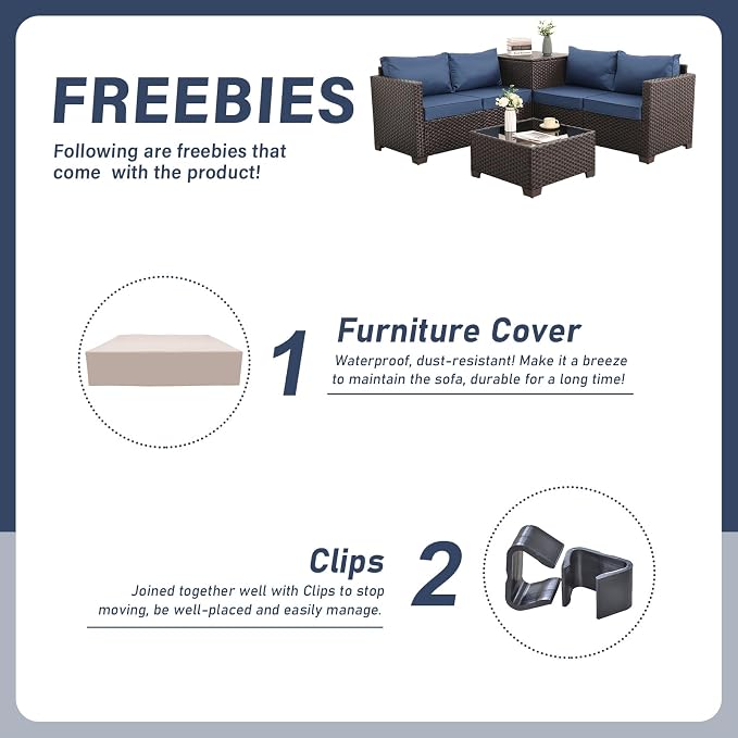 Valita Wicker Patio Furniture Set 4 Pieces Outdoor Sectional Conversation Sofa Set with Storage Box and Glass Table with Cushions and Furniture Covers, Navy Blue