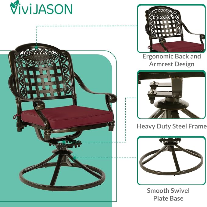 VIVIJASON 9-Piece Outdoor Dining Furniture Set, Cast Aluminum Patio Table & Chairs Set for 8, Include 94.5" Rectangular Dining Table and 8 Swivel Rocker Chairs with Umbrella Hole, Red Cushion