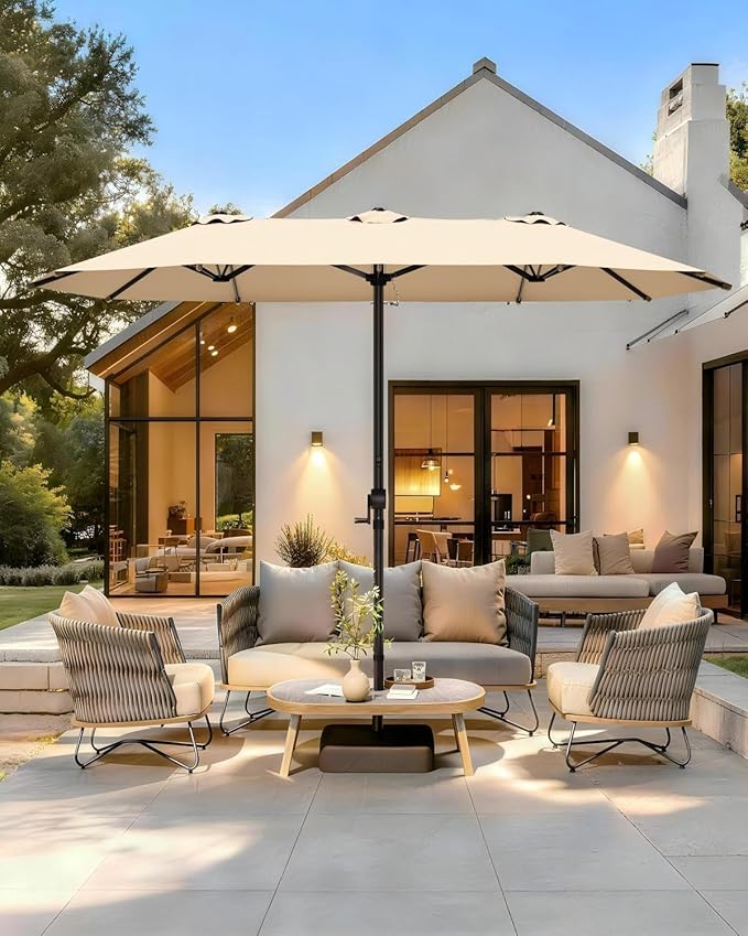 GDPFN 15FT Large Patio Umbrella with Base Included, Outdoor Deck Standing Umbrella with Crank Handle, Double-Side Rectangular Pool Umbrella for Outside, Market, Patio, Beige