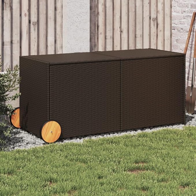 Wicker Outdoor Deck Box with Wheels, 74.8 Gal Outdoor Storage Box with Lid, PE Rattan Storage Container for Pillows, Cushions, Gardening Tools, 50"x21.7"x22"/23.4" Brown