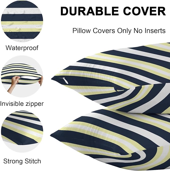 Yellow Navy Blue Striped Outdoor Pillow Covers Waterproof, All Weather Cushion Case Set of 2, Neutral Minimalist Lines Lumbar Pillowcase for Sofa Couch Bed Decor Patio Furniture 20"x12"