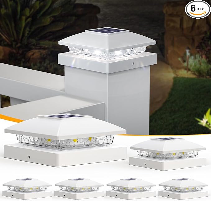 APONUO Solar Post Cap Lights for 4x4 5x5 Posts - IP64 Waterproof, 6500K LED, No-Wire Fence Lights & Deck Lights for Patio Garden Yard Patio, White-Cool White, 6 Pack
