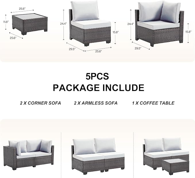 CANMOV 5 Pieces Patio Furniture Sets, All Weather Outdoor Patio Conversation Set, Wicker Sectional Rattan Sofa Couch with Glass Coffee Table and Washable Cushions for Backyard Garden, Porch,Light Grey