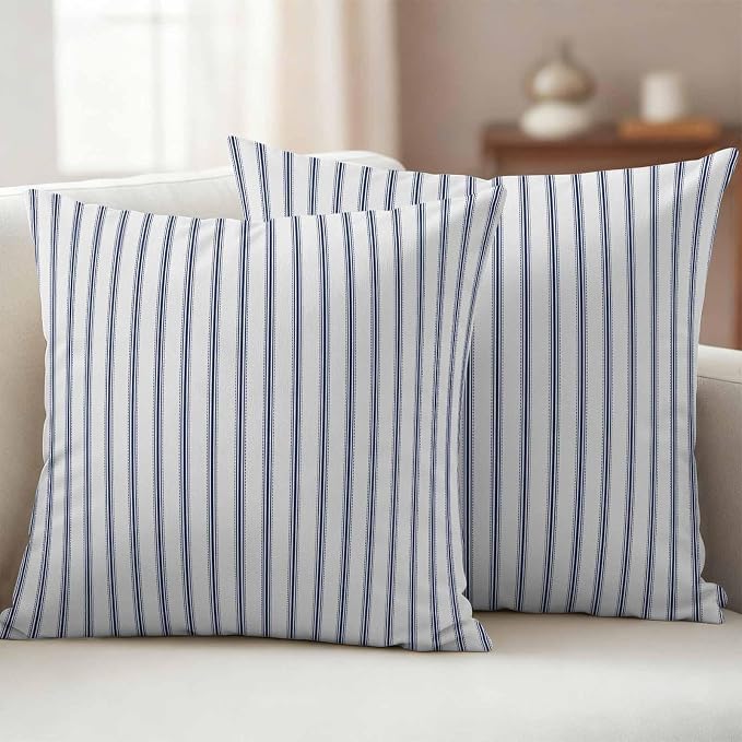 Navy Blue Striped Outdoor Pillow Covers 24x24 Inch Throw Pillow Covers Set of 2 Waterproof Decorative Pillow Cases Navy Blue White Stripes Farmhouse Cushion Covers for Patio Furniture Garden Couch