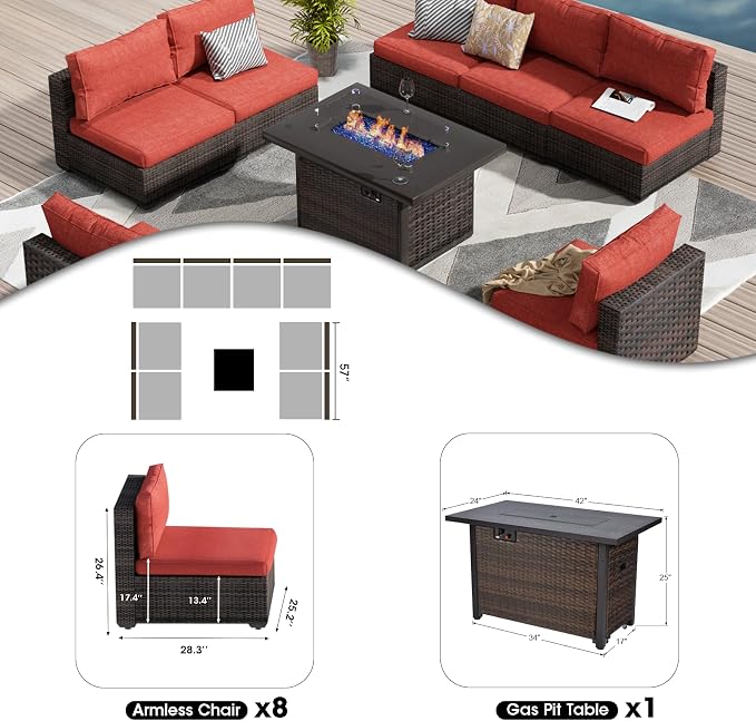 9 Pieces Outdoor Sectional Patio Furniture Set with Fire Pit Table PE Rattan Wicker Patio Sectional Armless Conversation Set with Cushions Red