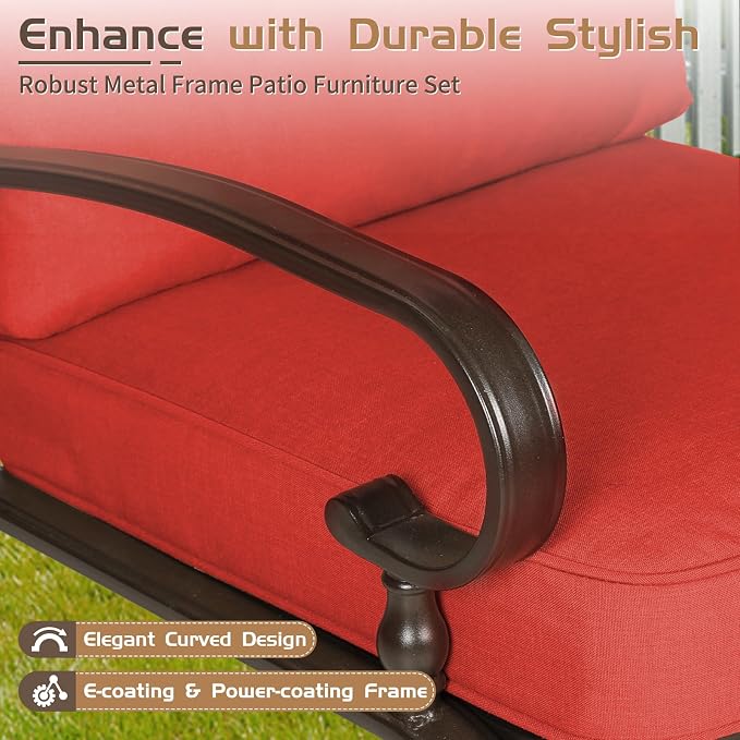 Oakcloud 5-Piece Outdoor Metal Furniture Sets Patio Conversation Set Wrought Iron Glider, 2 Single Chairs, Loveseat and Coffee Table, Red