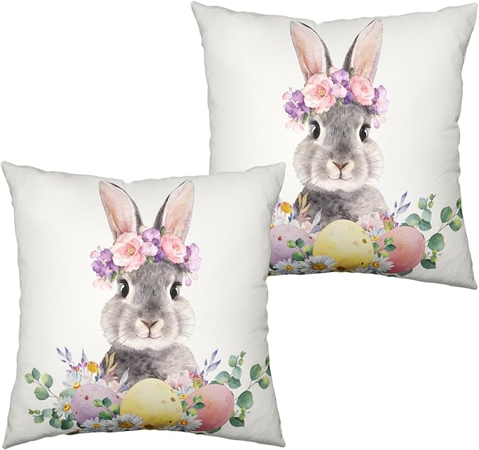 Spring Easter Pillow Covers Lovely Bunny Throw Pillow Covers Floral Watercolor Rabbit Farmhouse Cushion Cases 16x16 Set of 2 Colorful Easter Eggs Pillow Cases for Home Porch Patio