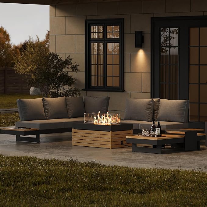 homary Patio Conversation Sets with Fire Pit, Modular Outdoor Sofa Aluminum & Teak Outdoor Sofa Se with Glass Wind Guard Ideal for Patios & Balconies, 6 Pepole