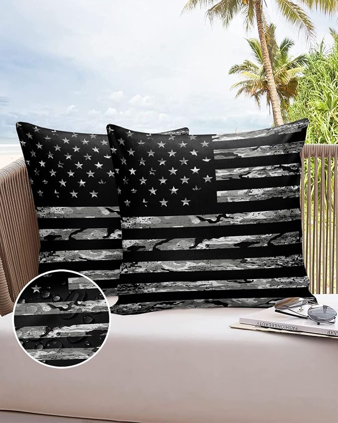 Camouflage Outdoor Pillow Covers Set of 2, American Patriotic Flag Independence Day Decorative Waterproof Throw Pillowcase USA Star Striped Camo Cotton Linen Soft Cozy Cushion Cover Pillowsham 16x16In