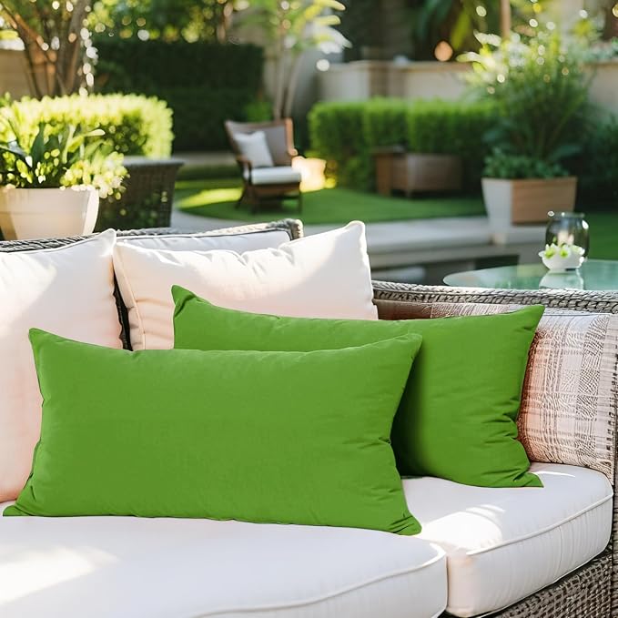 SK Studio Outdoor Water Resistant Throw Pillows, Decorative Patio Lumbar Cushions, Fluffy Furniture Garden Cushions for Home Patio Coach Sofa Use, Pack of 2, Green 1, 24x24 Inch