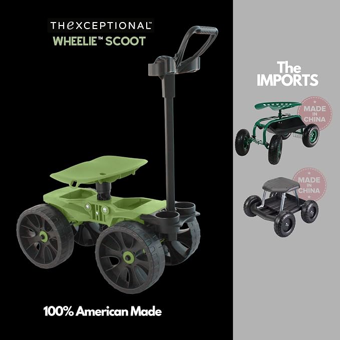 TheXceptional Wheelie with Tool Toter Handle | American Made Rolling Scoot and Tool Rack | Garden Cart with Seat | Made in USA by Vertex | Model EX540