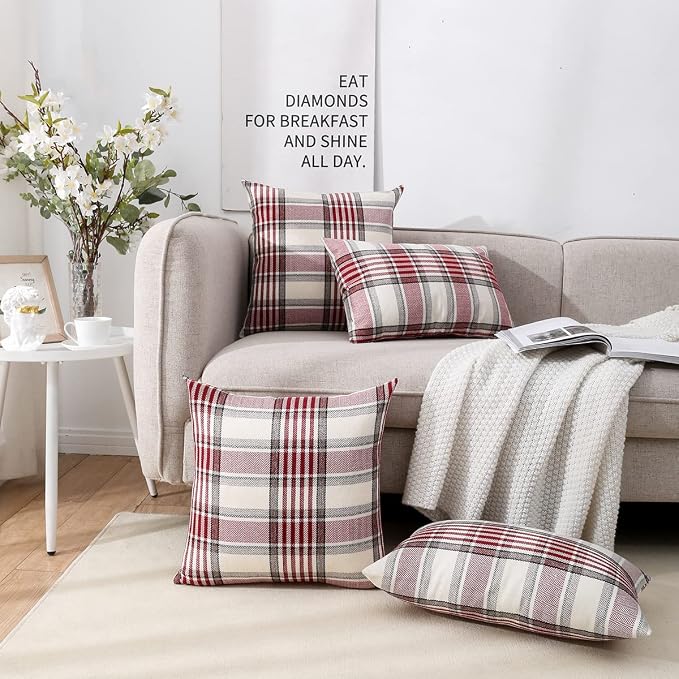 CARRIE HOME Red Christmas Tartan Plaid Pillow Covers 18x18 Set of 2 Farmhouse Buffalo Plaid Red Striped Throw Pillow Cover for Living Room Couch Sofa