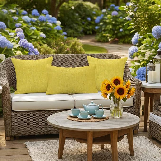 Pack of 2 Waterproof Outdoor Pillow Covers 20x12 Inch Decorative Pillow Covers Yellow Burlap Texture Throw Pillowcases Farmhouse Vintage Yellow Outdoor Cushion Cover for Couch, Patio, Tent