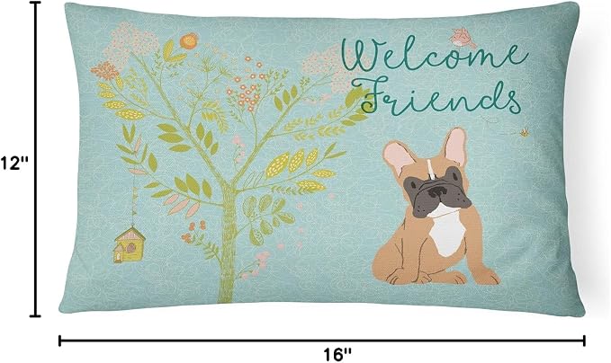 Caroline's Treasures BB7633PW1216 Welcome Friends Fawn French Bulldog Canvas Fabric Decorative Pillow Machine Washable, Indoor Outdoor Decorative Pillow for Couch, Bed or Patio, 12HX16W
