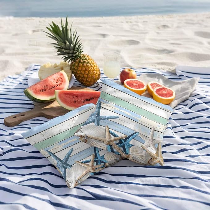 Outdoor Waterproof Pillow Covers Coastal Blue White Starfish Shell Pack of 2 Lumbar Pillow Cover Wood Grain Decorative Cushion Pillowcases for Patio Couch Bench Garden 18 x 18 Inches