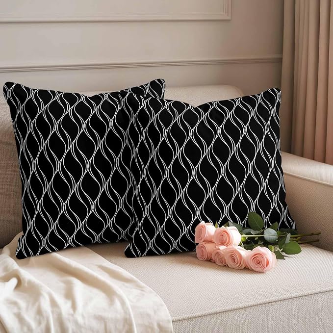 Outdoor Pillow Covers Waterproof, Black Gold Wave Abstract Art Foil Print Pattern All Weather Cushion Case Set of 2, White Thin Line Decorative Pillowcases for Sofa Bed Decor Patio Furniture 18"x18"
