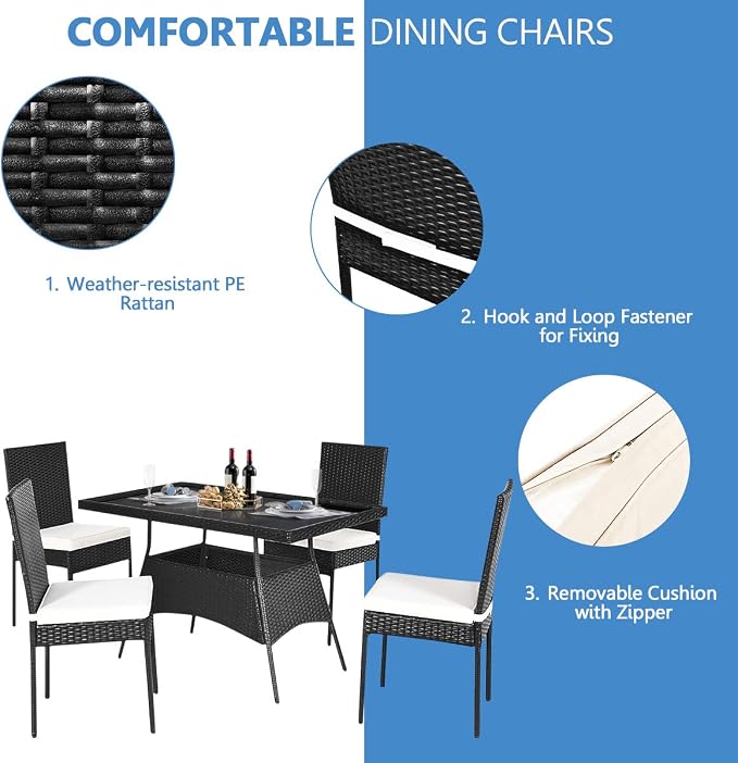 RELAX4LIFE 5-Piece Wicker Dining Set - Patio Rattan Dining Furniture w/ 1 Rectangular Table, 4 Chairs & Removable Soft Cushions, Indoor & Outdoor Dining Table Set w/Tempered Glass Top, Black