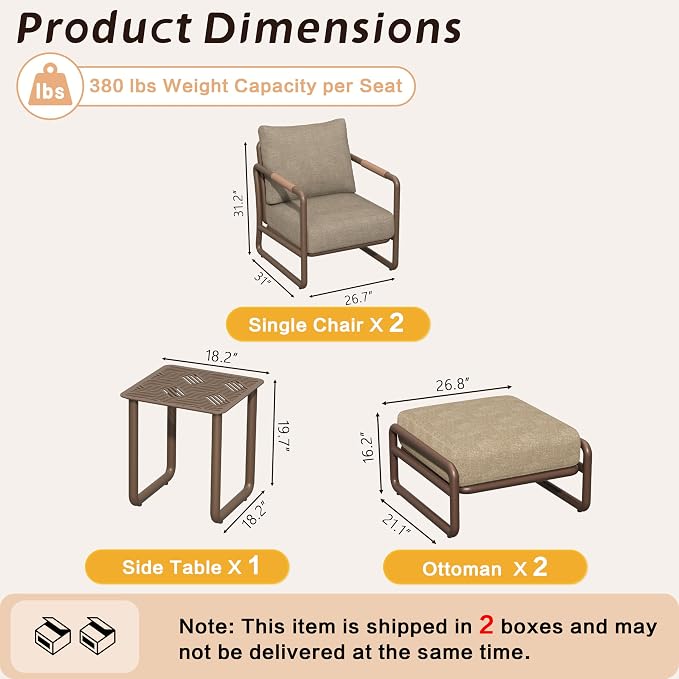 2-Seat Aluminum Patio Furniture Set with Ottomans, All-Weather Outdoor Conversation Sofa with 6.5" Thick Olefin Cushions, Rust-Proof Patio Set for Pool, Garden, Backyard, Brown