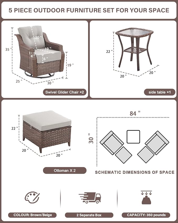 Belord 5 Piece Wicker Patio Furniture Set with Ottoman - High Back Outdoor Swivel Rocker Glider Chairs with Glass Top Side Table,28D High-Density 6" Removable Blue Cushion for Deck Porch Backyard