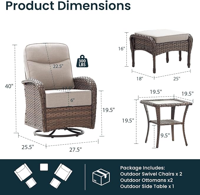 Luxury 6-Inch Cushion Outdoor Patio Furniture Set with Ottoman, Outdoor Swivel Rocker Patio Chairs with Side Table, Wicker Conversation Set for Deck Porch Garden Balcony and Poolside Beige
